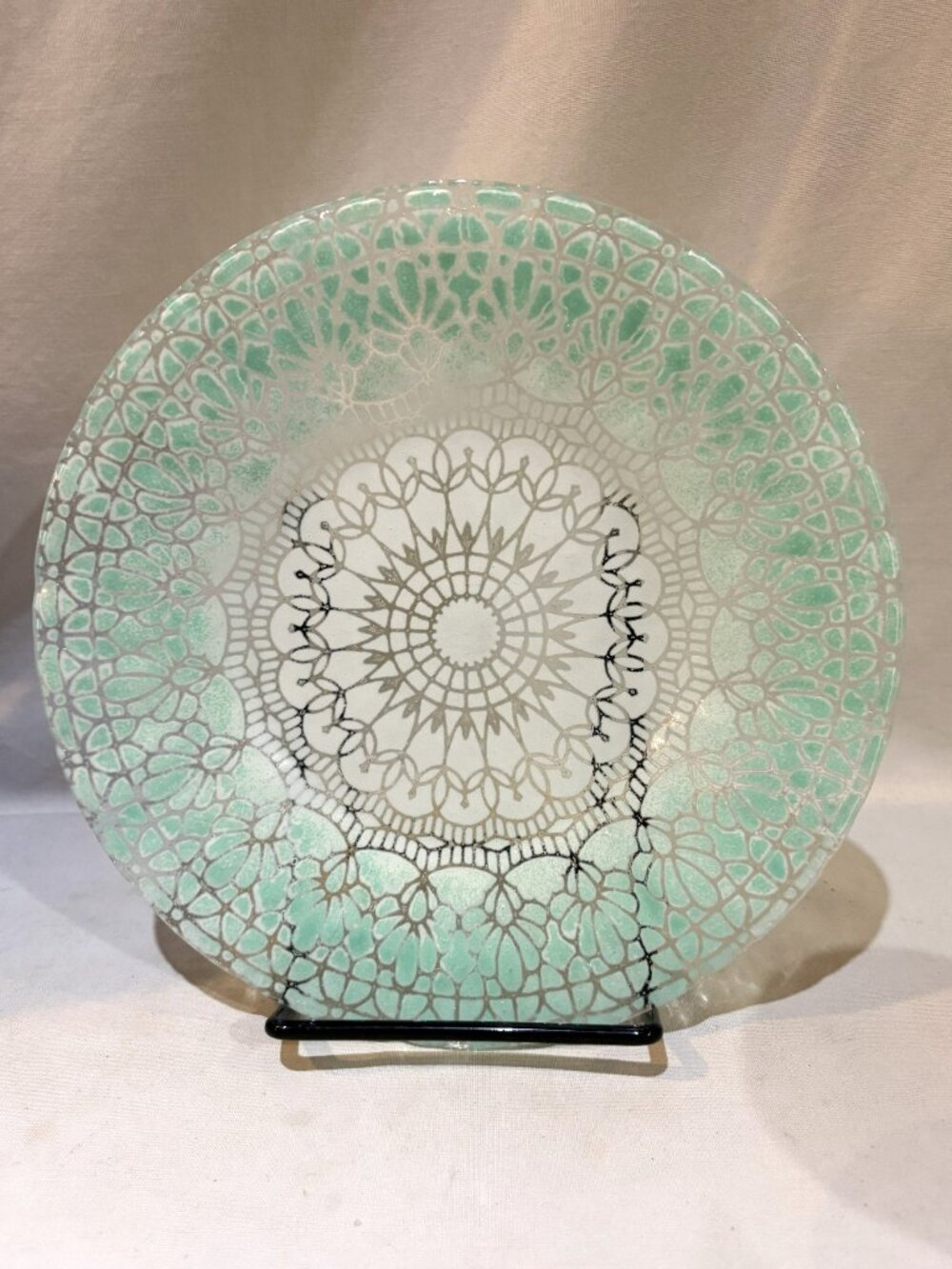 Sydenstricker Fused Glass Plate Mint Green Lace Mandala 8.5 inch